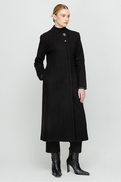 Esswaap Turn-Down Collar Pearl Brooch Detailed Intermediate Coat Black