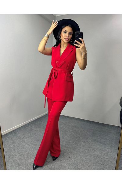 pembekurdelem طقم سراويل سترة نسائية بحزام أحمر