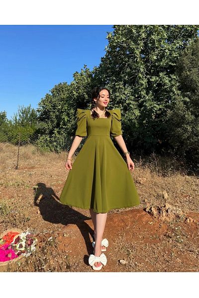 Aqua watermelon sleeve Midi Length Flared Square Collar Dress