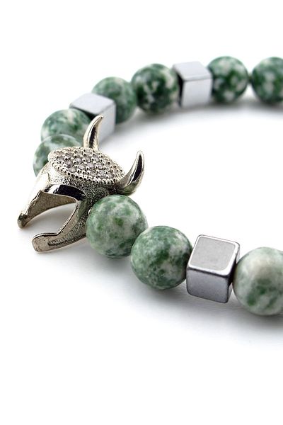 Solfera Men's Bracelet - Zircon Stone, Viking Warrior Helmet, Green Jasper Natural Stone J0249