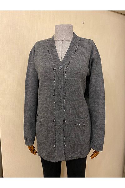 TEK Stylish Patterned and Beaded Knitwear Mother Cardigan - Pearl Detail / Anthracite