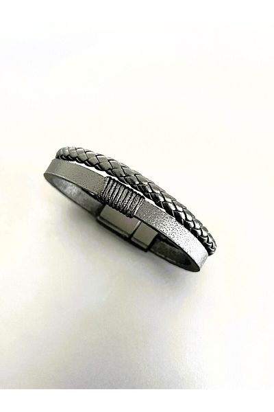 Farah Butik Men's Braided and Plain Black Leather-Magnet Buckle Bracelet-Gift Bracelet