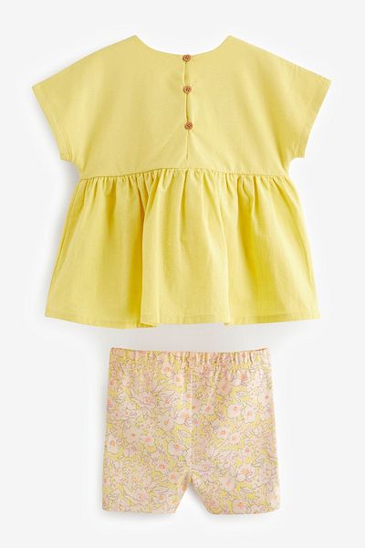Next Baby Yellow Floral Patterned Cotton Short Sleeve Set - Top and Bottom Set