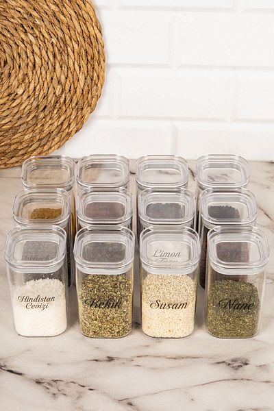 DNS HOME 12-Piece Vacuum Lid Acrylic Mica Spice Jar Storage Container with Transparent Label Spice Jar Set 250 ml