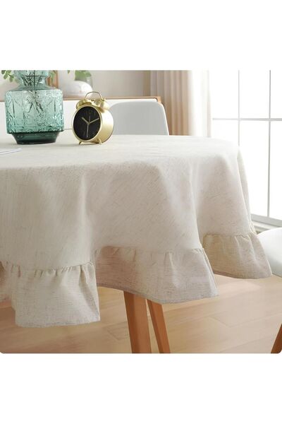 pamukidea Vintage Buldan Işi Keten Fırfırlı Masa Örtüsü (YIKANMIŞ PAMUKLU KUM...