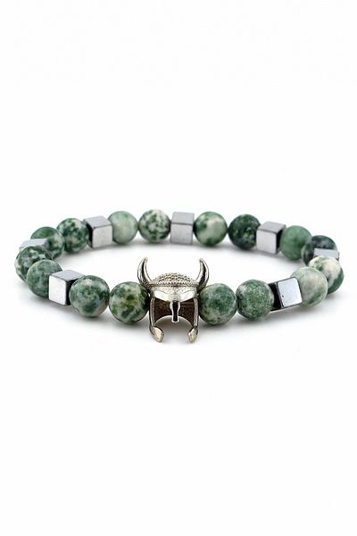 Solfera Men's Bracelet - Zircon Stone, Viking Warrior Helmet, Green Jasper Natural Stone J0249