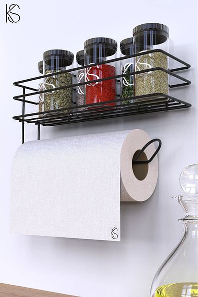 KARTEYA Paper Roll Towel Holder with Adhesive Shelf Napkin Holder Towel Paper Holder Black Bathroom Kitchen Organizer Shelf