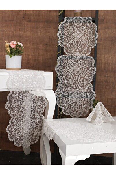 Tropikhome Amerikan Servis Runner Ve Peçete Salon Takımı 5 Parça Çeyiz Seti Kırık Beyaz Nakışlı Salon Seti