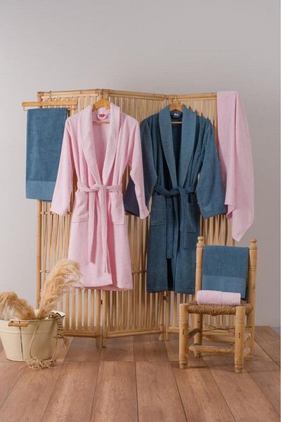 Cotton Box Σετ οικογενειακό μπουρνούζι Jacquard Camilla Pink Indigo