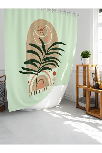 Tropikhome Banyo Duş Perdesi Palmiye Desen Yeşil Dijital Baskılı Banyo Perdes...
