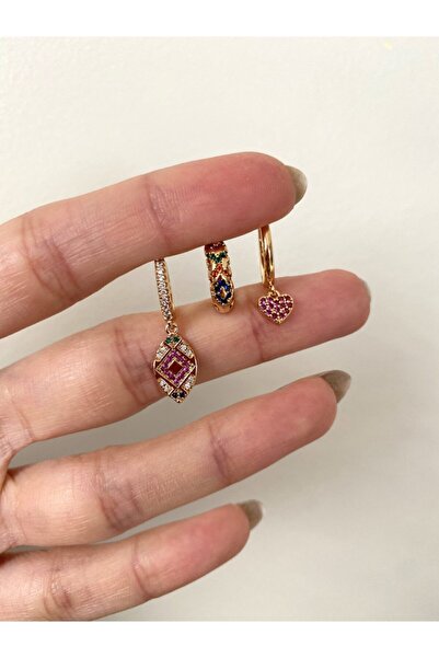 Okkostore Kadın Gold Rengi Etnik Charm Desenli 3’lü Küpe Seti
