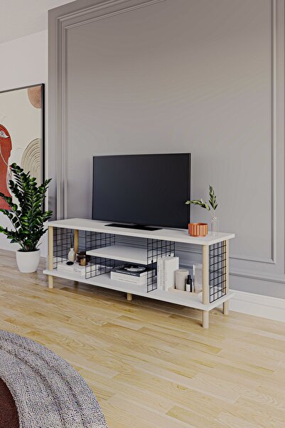 PEKA Tv Sehpası Raflı Tv Ünitesi Televizyon Sehpası Ahşap Ayaklı Metal Bölmel...