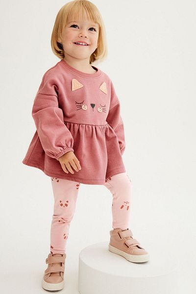 Next Baby 100% Cotton Pink Cat Patterned Top and Bottom Set