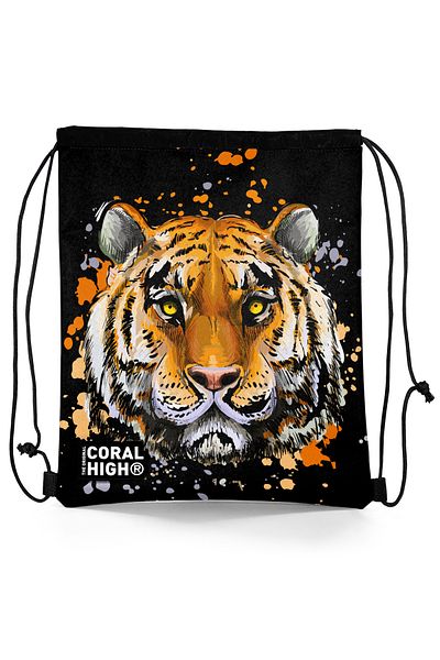 Coral High Drawstring Drawstring Black Tiger Patterned Kids Backpack - 22487