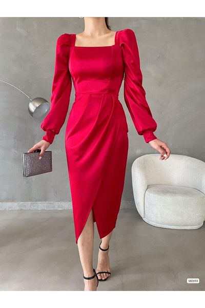 mafdress Square Collar Red Midi Length Satin Evening Dress