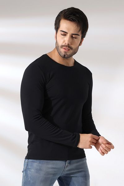 Endies Tricou compact din bumbac pieptănat Lycra, cu mânecă lungă, cu mânecă lungă, cu decolteu, 19649 Negru