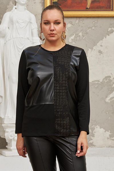 RMG Leather Garnished Shoulder Tulle Detailed Plus Size Black Blouse