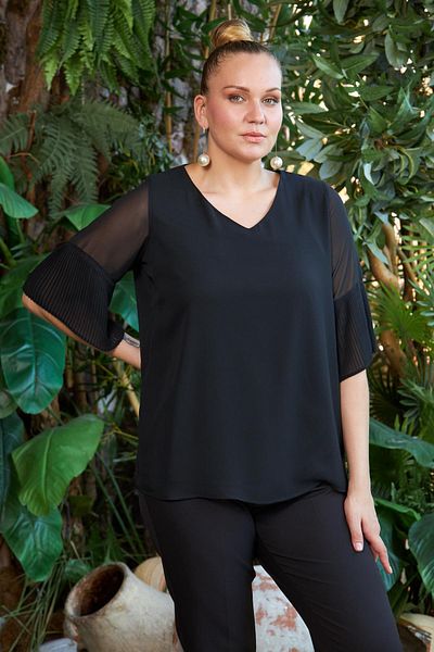 RMG Plus Size Black Blouse with Pleated Sleeves