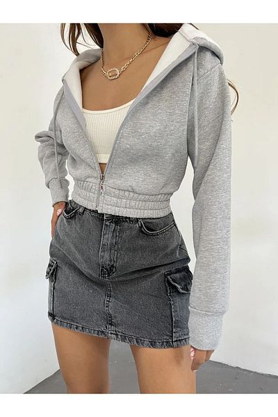 kozzy Hanorac crop gros, cu glugă, cu fermoar, cu 3 fire, pentru femei