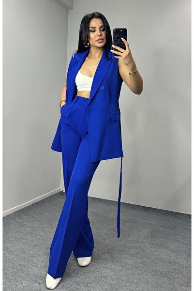 pembekurdelem Women's Belted Vest Trousers Set Saks Blue