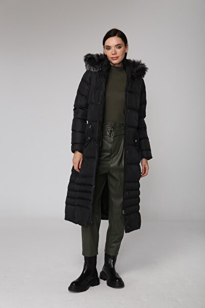 Olcay Γούνινο Puffer Coat με Αφαιρούμενη Κουκούλα Μαύρο 6138