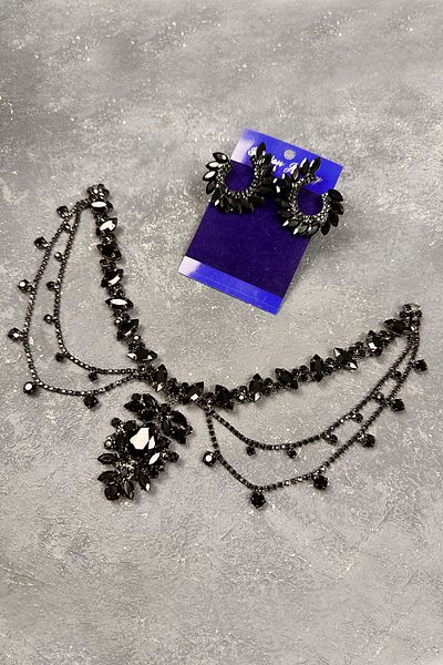 Hayalperest boncuk Leaf Earrings Set for Bride and Henna Wedding with Fringe - Black