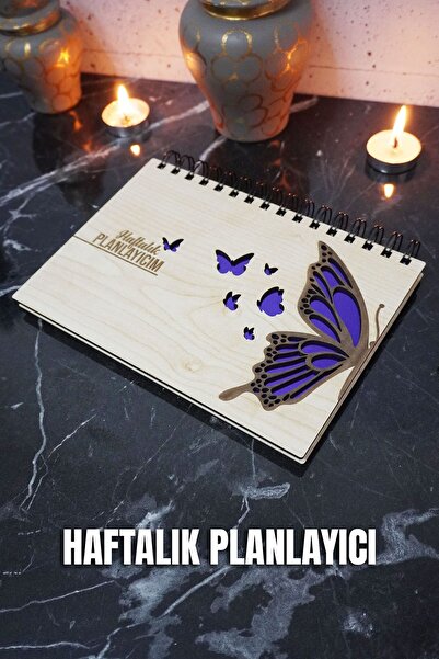 markcat Kelebek Figürlü Ahşap Süresiz Plan Defteri - Tarihsiz Ajanda - Haftal...