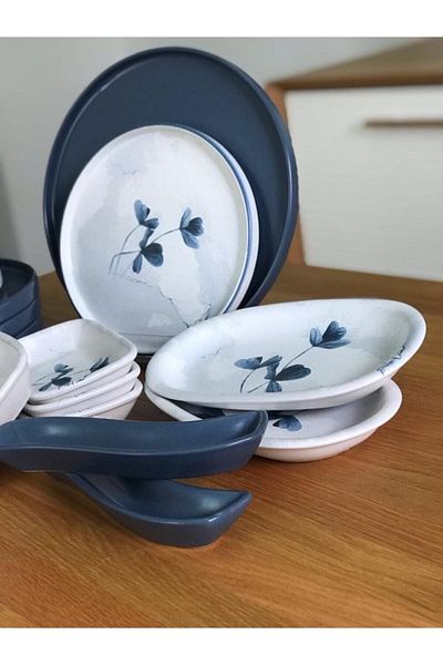 Keramika 20 Piece Blue Magic Stackable Breakfast Set for 6 People Matte Blue White