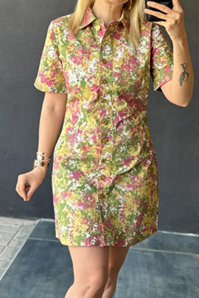 fehika Festive Dress Printed Front button Shirt Dress Cotton Gabardine Mini Dress