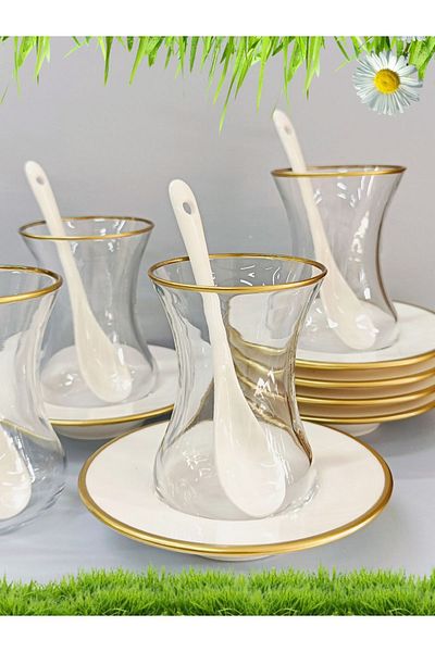 SAMSA Porcelain Tea Plate Porcelain Spoon Gold Embroidered Glass Incebelli Cup 6 Person Tea Set 18 Pieces