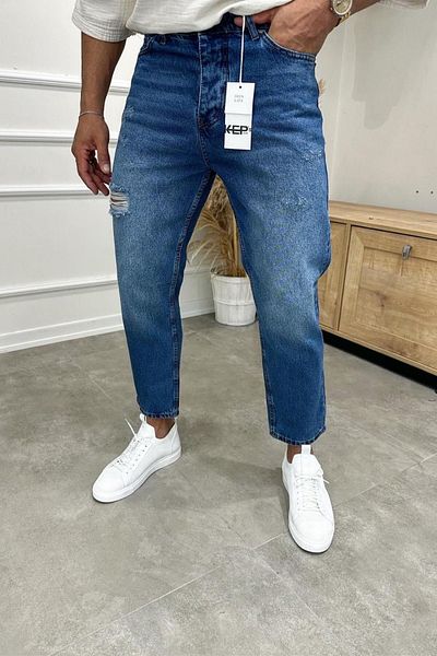 MADZEYMODA Boyfriend Ανδρικό σκισμένο λεπτομερές μπλε τζιν παντελόνι