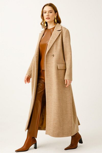 Esswaap Herringbone Wool Fabric Coat Camel