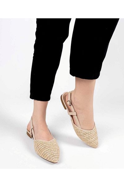 MİSS PARK MODA Park Moda Nude Beige Straw Rhinestone Stylish Comfortable Pointed Toe Open Back Summer Slippers Sandals Shoes