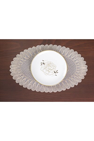 Tropikhome Nakışlı Supla, Bej Renk Oval Supla - Lüks Tekli Supla, Amerikan Servis Supla, Tabak Altlığı Vivien