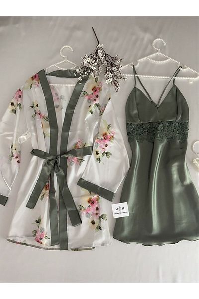 MH Moony Homewears Комплект халати за сатенена зелена диамантена нощница