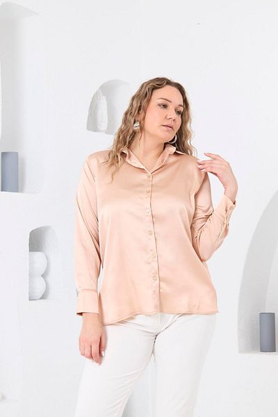RMG Cream Satin Large Size Long Sleeve Shirt