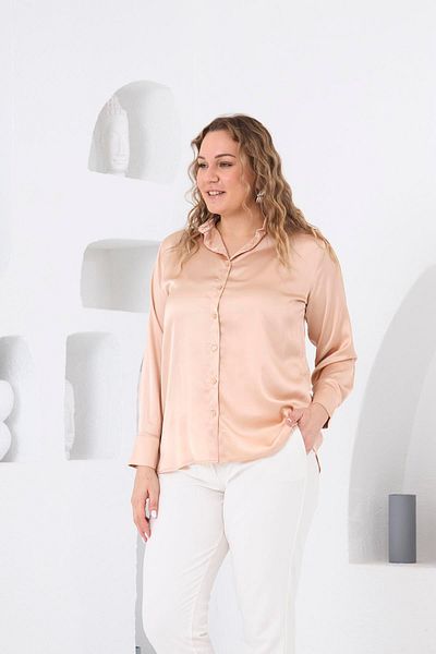 RMG Cream Satin Large Size Long Sleeve Shirt
