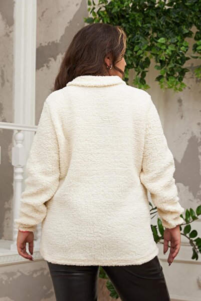 RMG Plus Size Cream Curly Sweatshirt with Piping Detail