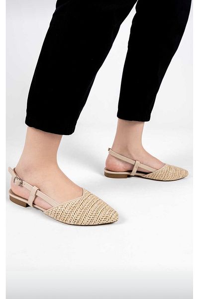 MİSS PARK MODA Park Moda Nude Beige Straw Rhinestone Stylish Comfortable Pointed Toe Open Back Summer Slippers Sandals Shoes