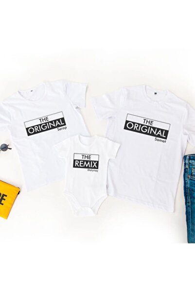 Lotus Baby İsme Özel Anne Baba Tişört Bebek Body 3'lü Aile Kombini