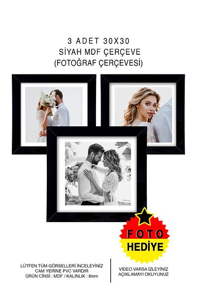 Bytwo 3 Pieces 30x30 Frame - Square Frame - MDF Black Frame - Multiple Photo Frame Set