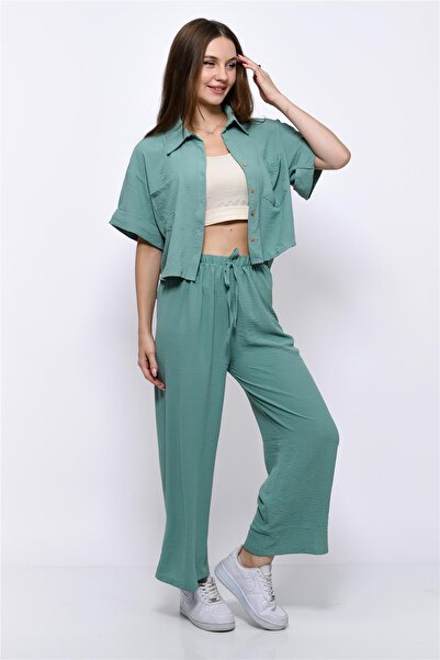 Nuseel Aerobin Crop Shirt Elastic Waist Trousers 2 Piece Set Water Green