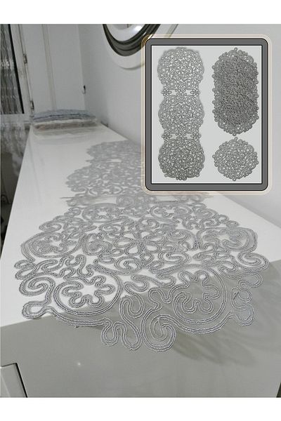CAMİNHO DA LUA Placemat Plate and Runner Kitchen Set Luxury 6-Person Ivy Table Presentation Set Dowry Holder Gray