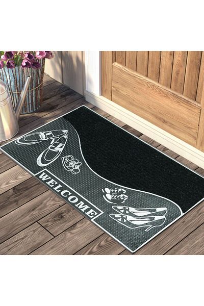 Stepmat Welcome Written Shoe Patterned Rubber Door Cover with Dust Holding Feature