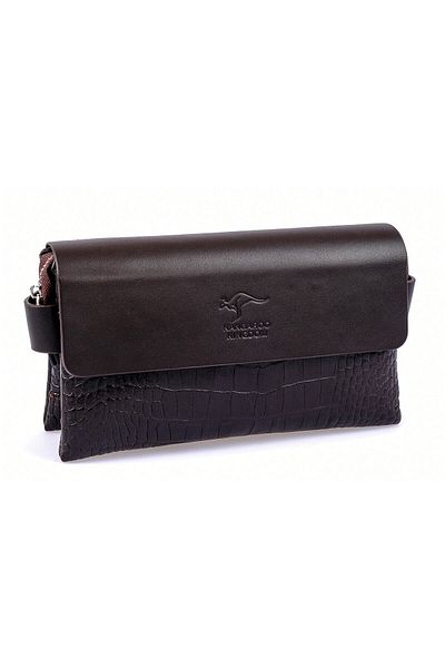 KANGAROO KINGDOM Men's Portfolio & Clutch Handbag Genuine Calf Leather Napa & Crocodile Dark Brown 9288-fck