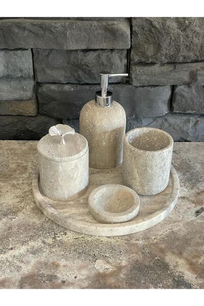 Polen Stone طقم حمام رخام ترافرتن فضي جديد مكون من 5 قطع