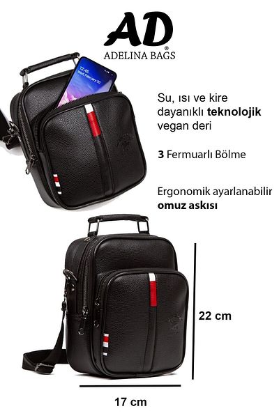 NEWISH POLO ACCESSORIES Baglina Μαύρη δερμάτινη τσάντα χειρός και ώμου