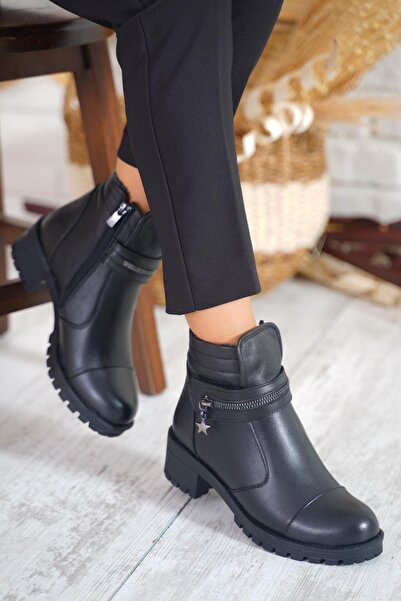 Moda Pie Orbuh Fermuar Cırtlı Kadın Hakiki Deri Bot Siyah Cilt