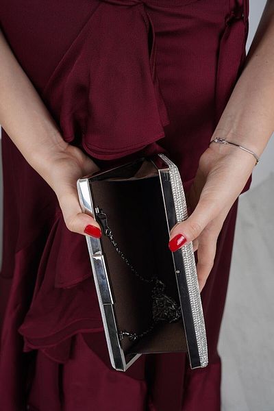 LULE BAGS Βραδινό φόρεμα White Stoned Silver Satin - Λεπτό Μοντέλο Γυναικεία Τσάντα