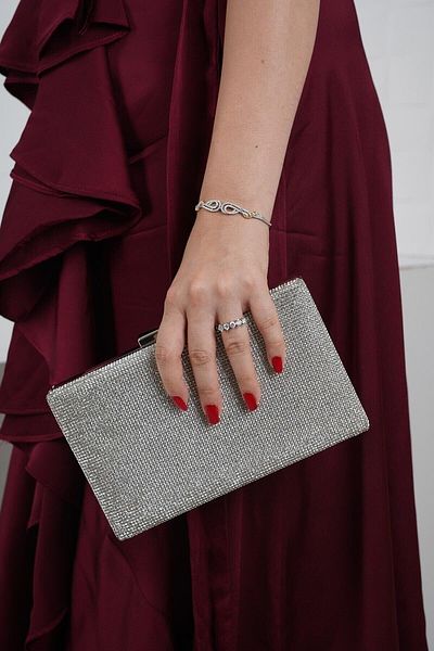 LULE BAGS Βραδινό φόρεμα White Stoned Silver Satin - Λεπτό Μοντέλο Γυναικεία Τσάντα